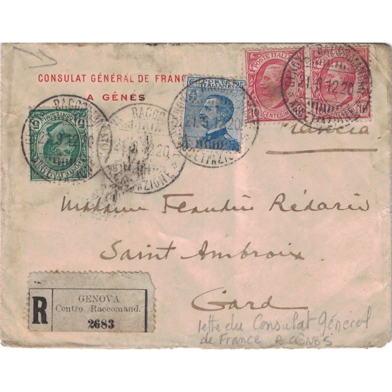 ITALIE - CONSULAT GENERAL DE FRANCE A GENE - LETTRE RECOMMANDEE POUR LA FRANCE - 21-9-1912.