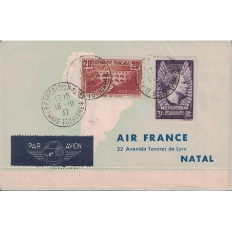 POSTE AERIENNE - PARIS - NATAL - NEW-YORK - HONGKONG - AFFRANCHISSEMENT AVEC 20F PONT DU GARD.