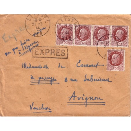 PETAIN - BANDE DE 4+1-LETTRE EXPRESS 21-2-1944.