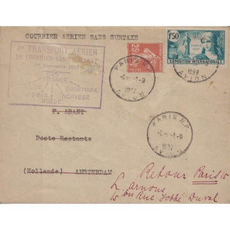 PARIS - COURRIER AERIEN SANS SURTAXE POUR AMSTERDAM EN 1937. -