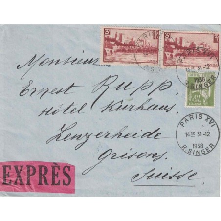 PARIS XVI - LETTRE EXPRES POUR LA SUISSE LE 31-12-1938 - BEL AFFRANCHISSEMENT.